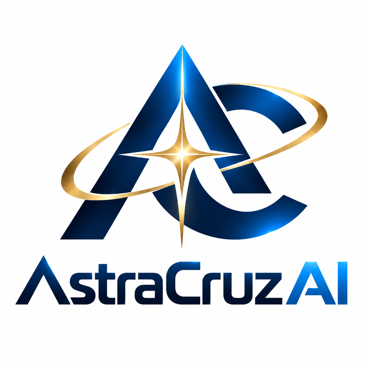AstraCruz AI. Interlocking blue A and C, a gold orbital ring, and a central gold star.